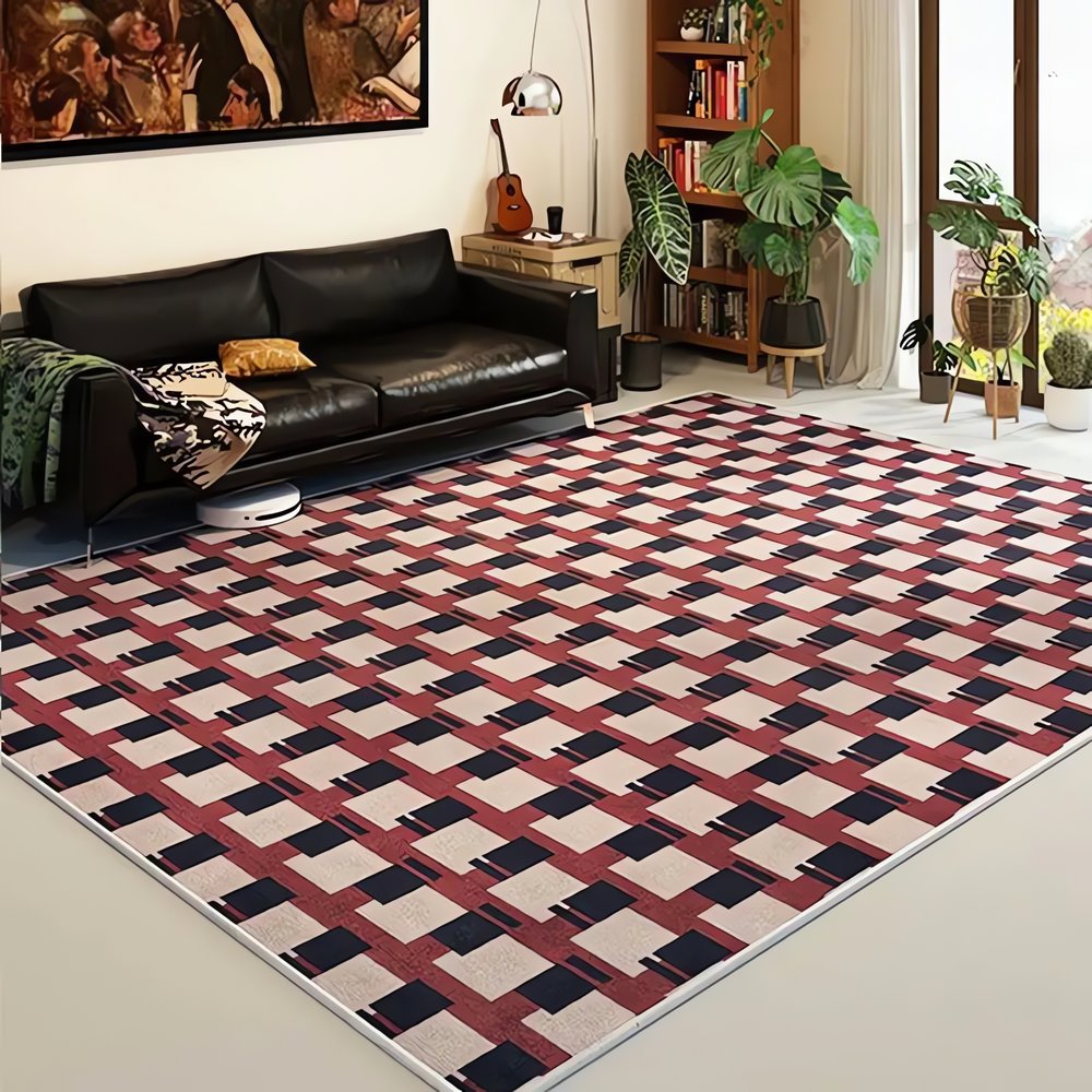 Tapis Vintage En Laine Rouge Gris Moderniste