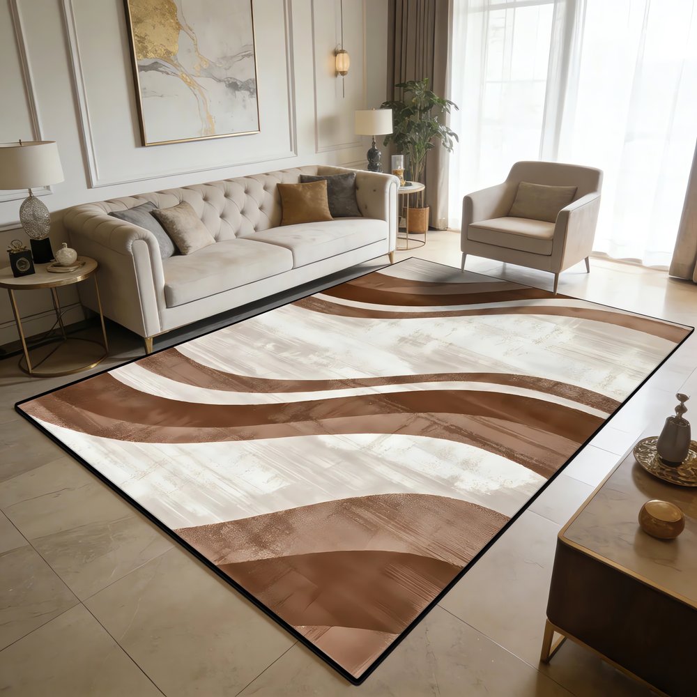 Tapis Vintage Marron Et Beige Lignes Sinuées