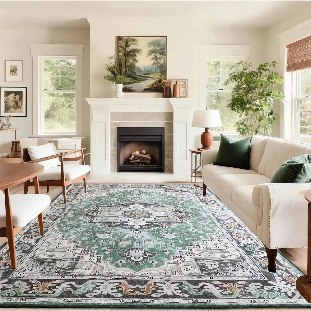 Tapis Vintage Vert Et Blanc Salon