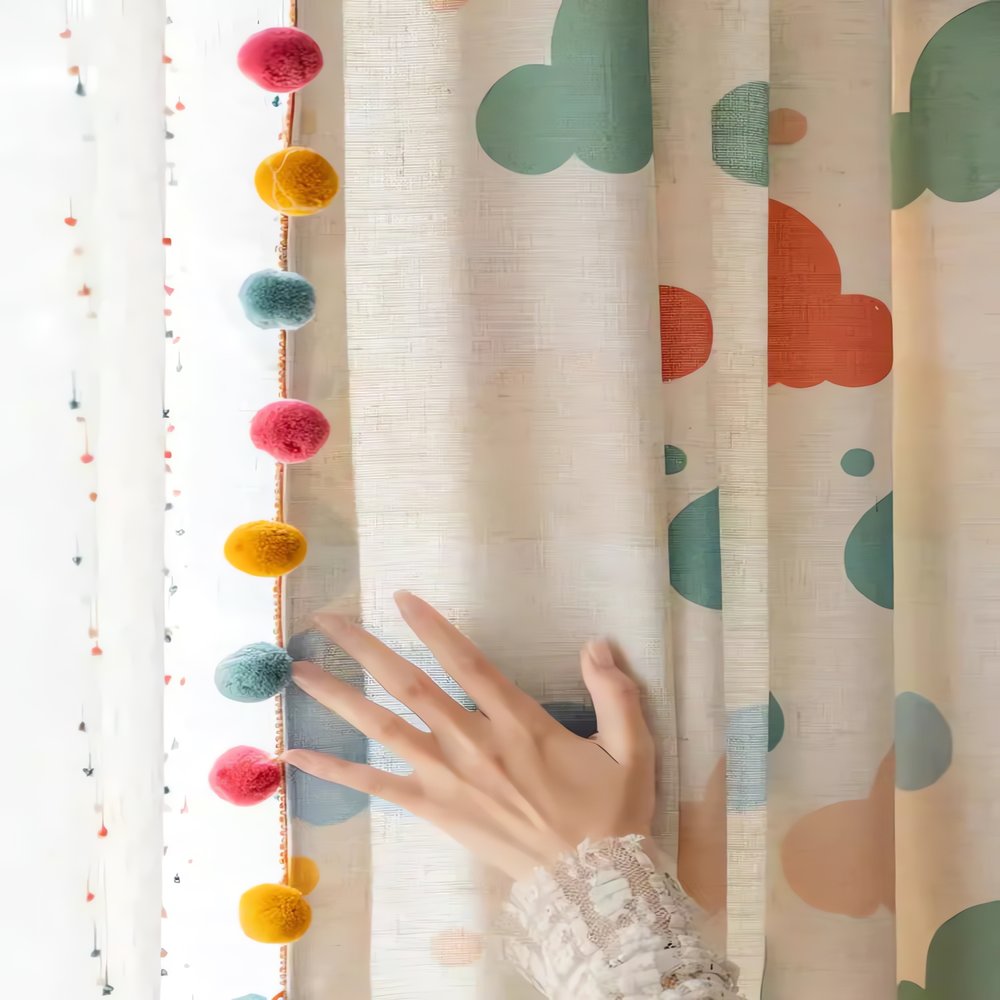 Rideaux Vintage Pour Enfant Main Toucher Pompons