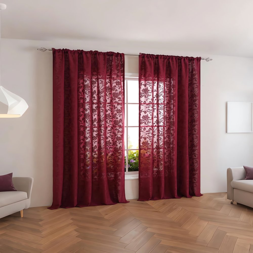 Rideaux Vintage Rouge Fleurs Translucides
