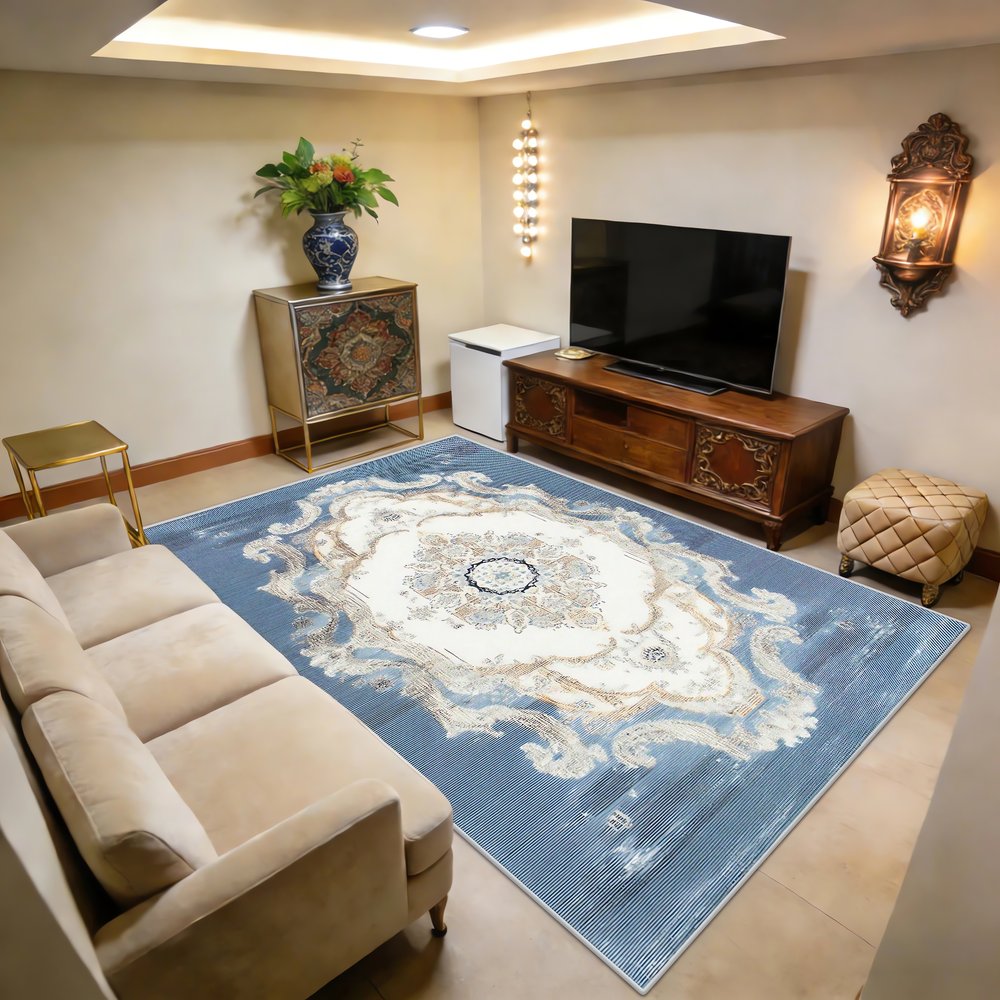 Tapis Vintage À Poil Ras Bleu Baroque
