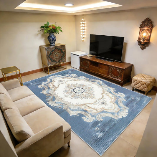 Tapis Vintage À Poil Ras Bleu Baroque