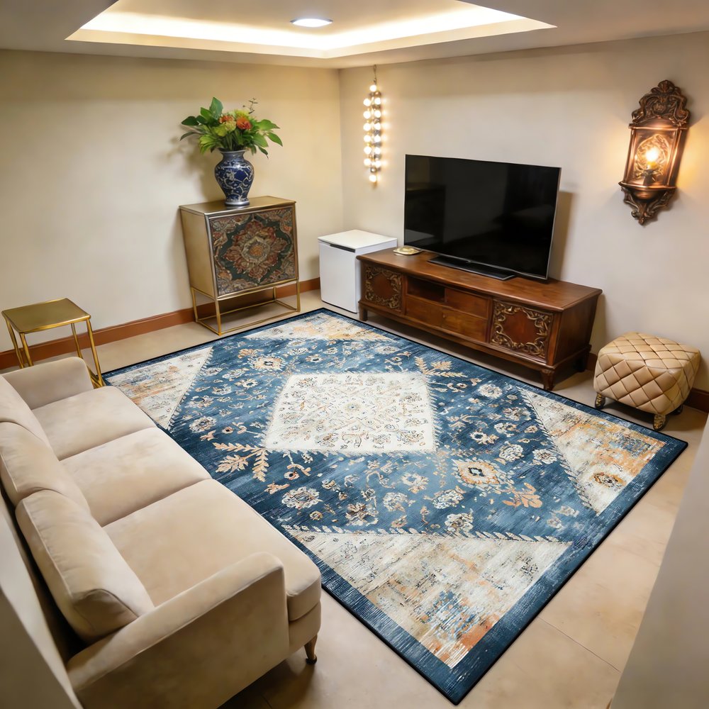 Tapis Vintage À Poil Ras Bleu Classique