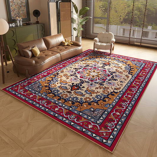 Tapis Vintage Année 60 Floral Orange Rouge