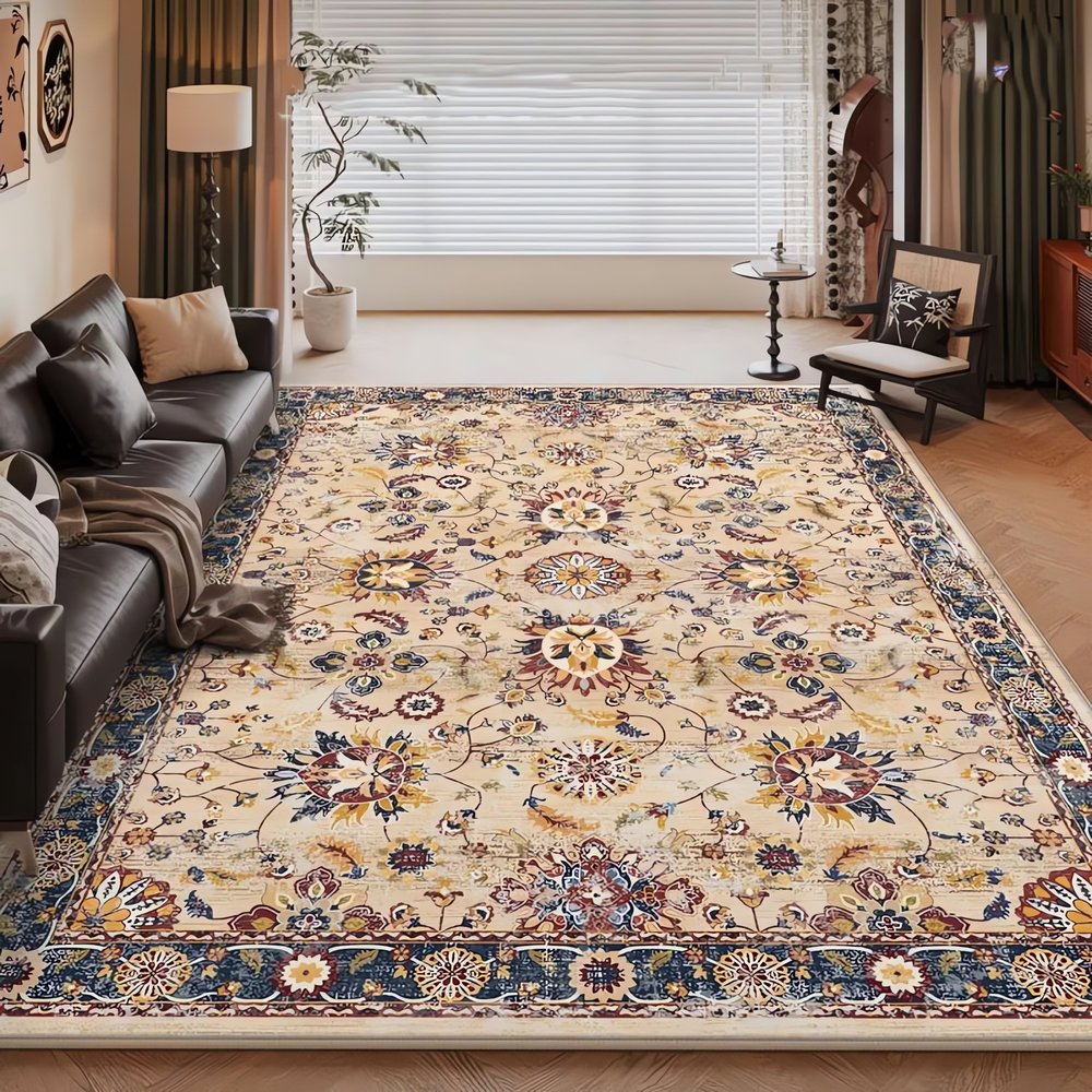 Tapis Vintage Bleu Et Beige Fleuri Dentelle