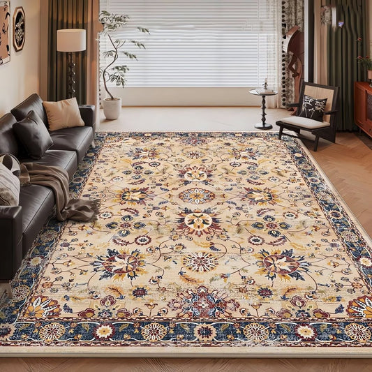 Tapis Vintage Bleu Et Beige Fleuri Dentelle