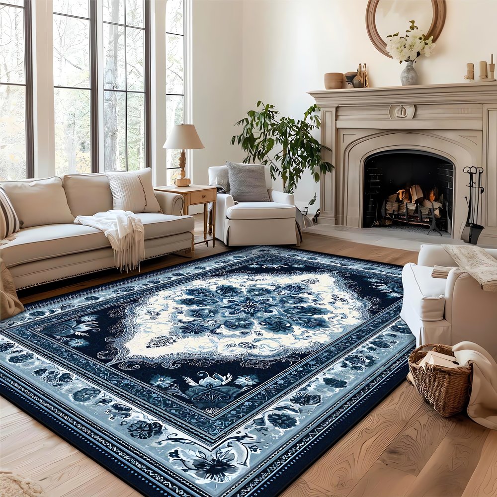 Tapis Vintage Bleu Marine Orné