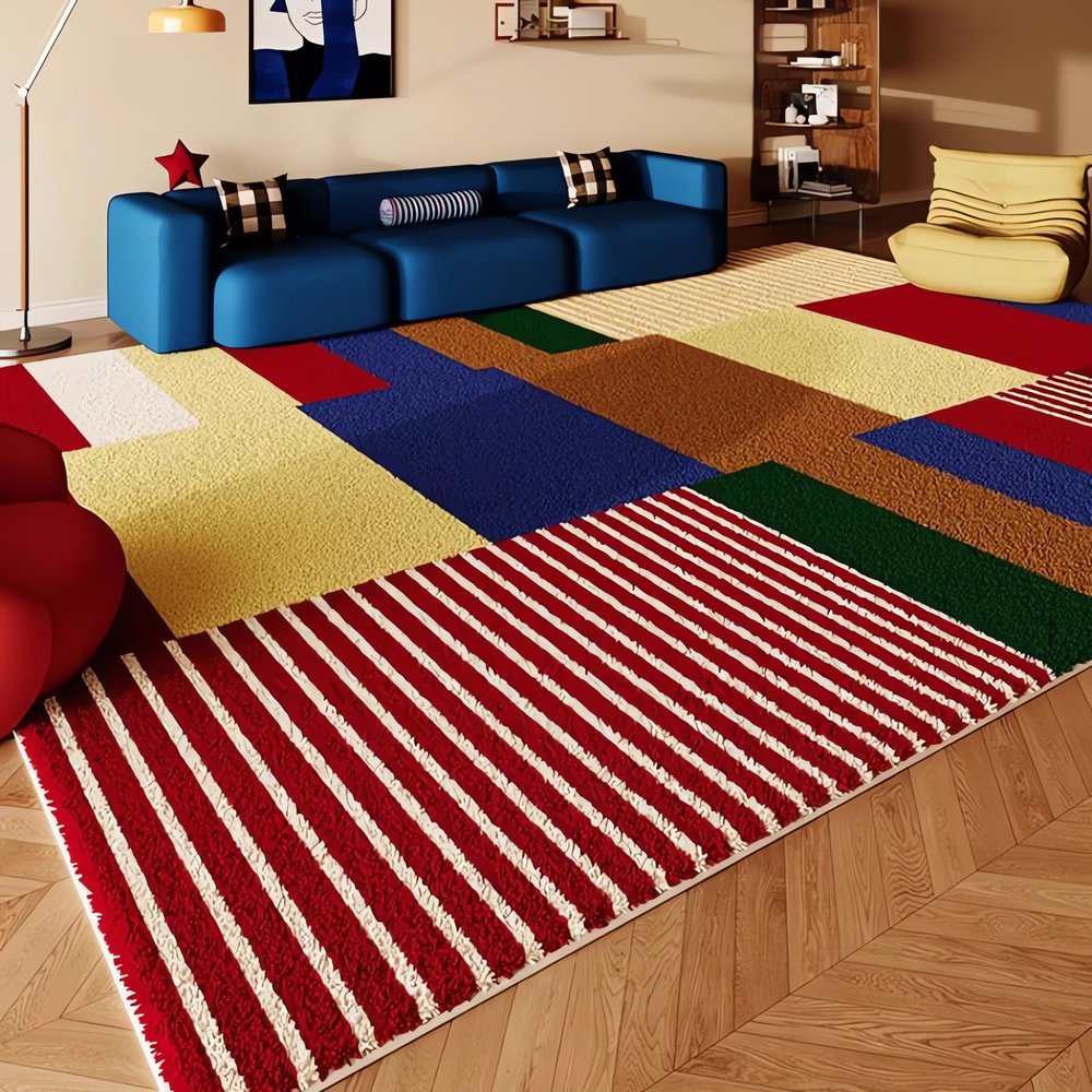 Tapis Vintage Design Rouge Bleu Linge