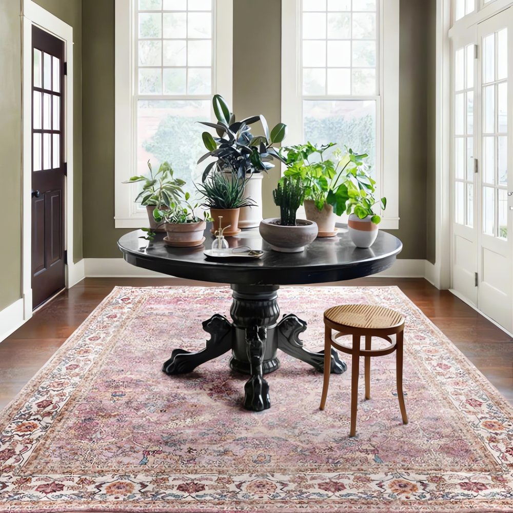 Tapis Vintage Doux Table Ronde Plantes