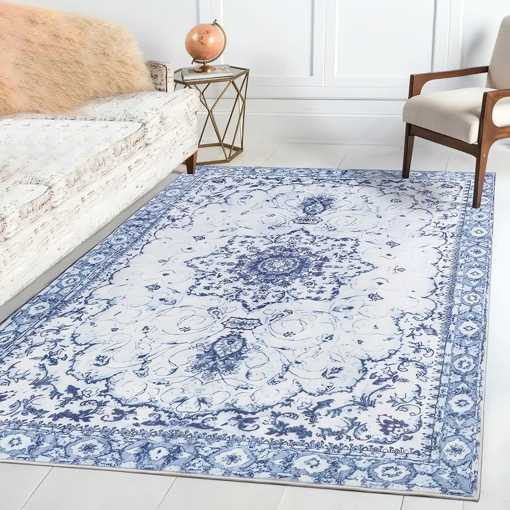 Tapis Vintage En Coton Bleues Arabesques