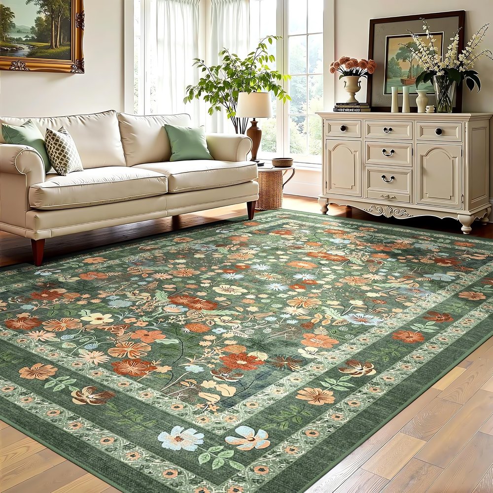 Tapis Vintage En Coton Floris Fleurs Orange