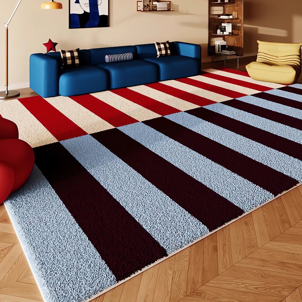 Tapis Vintage Géométrique Rayures Rouge Bleu