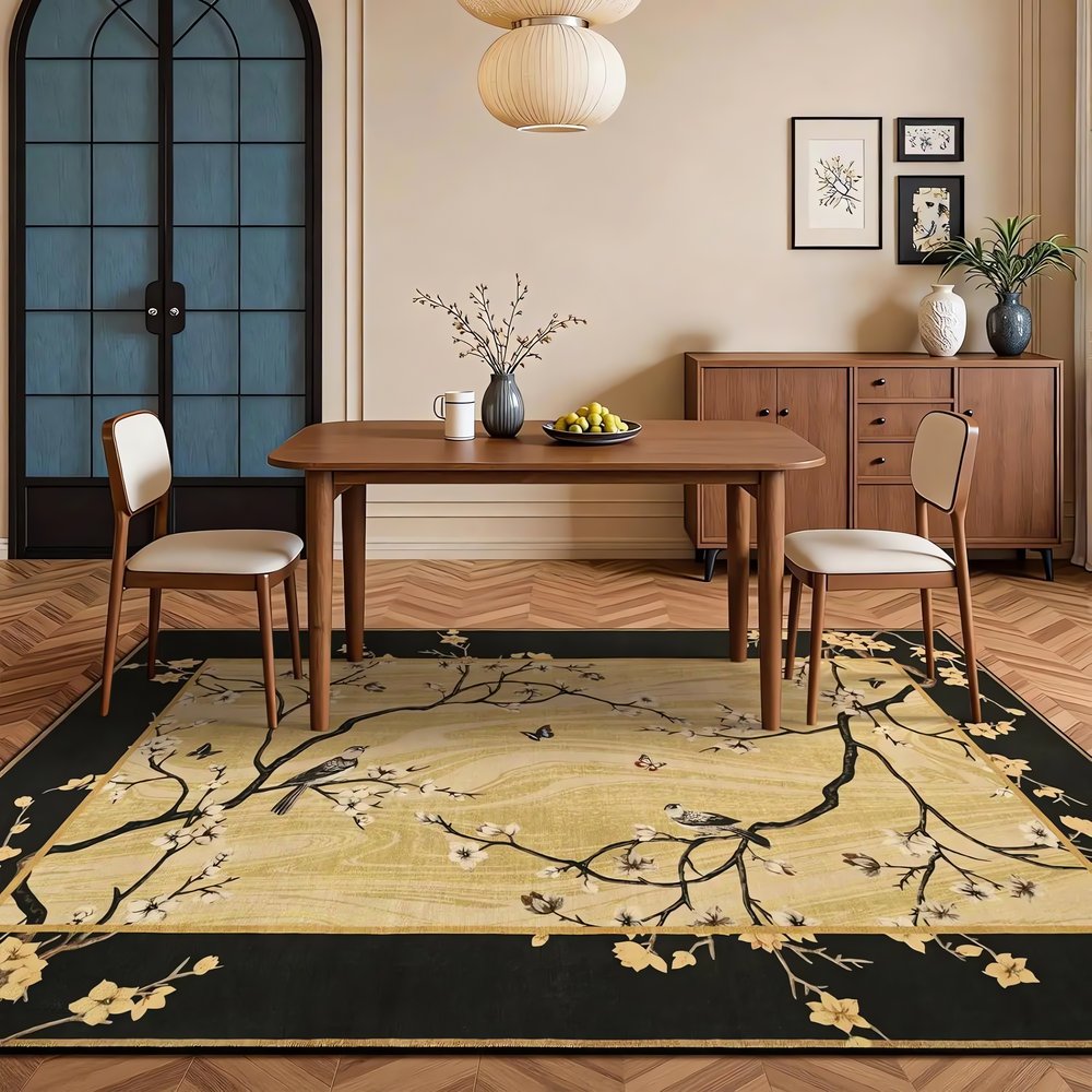 Tapis Vintage Noir Et Beige Branches Oiseaux