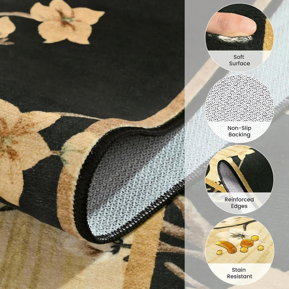 Tapis Vintage Noir Et Beige Fleurs