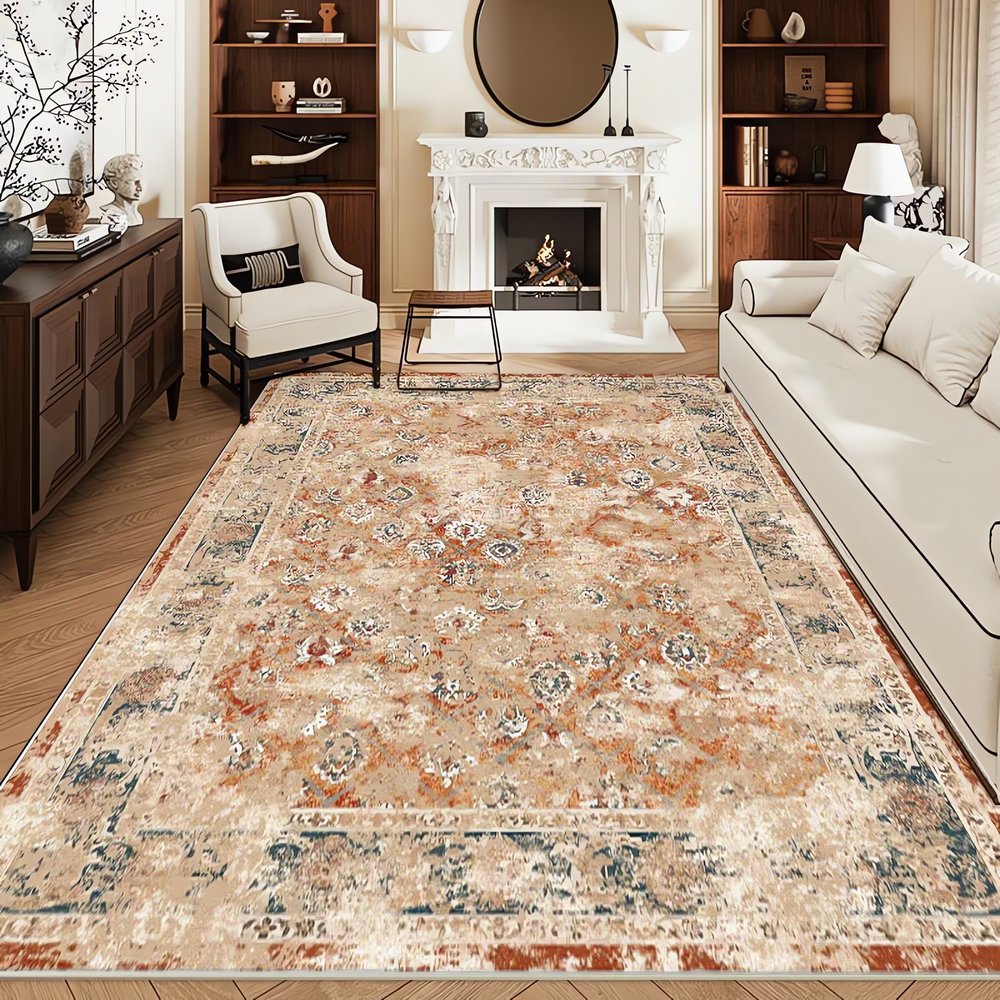 Tapis Vintage Orange Et Beige Distress Brun