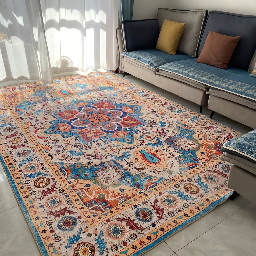 Tapis Vintage Orange Et Bleu Motifs Floraux