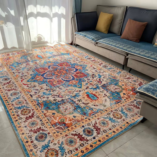 Tapis Vintage Orange Et Bleu Motifs Floraux