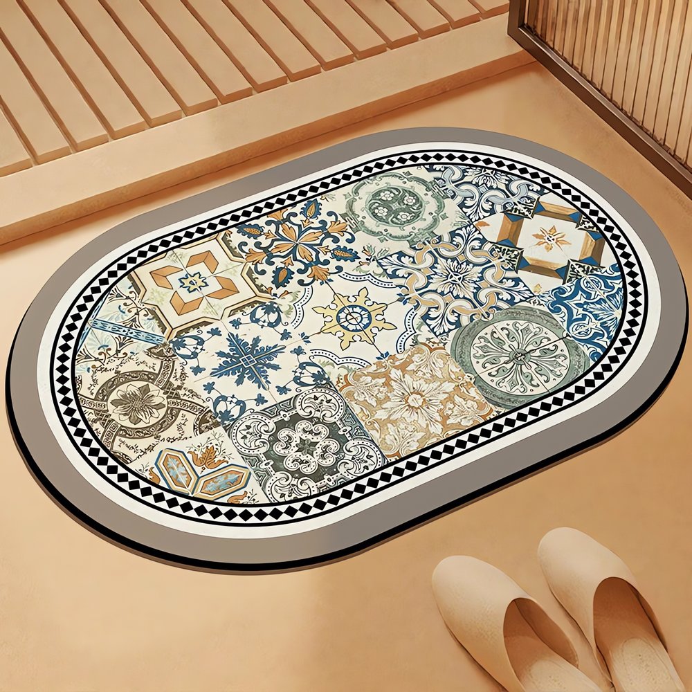 Tapis Vintage Pour Salle De Bain Ovale Blanc Bleu