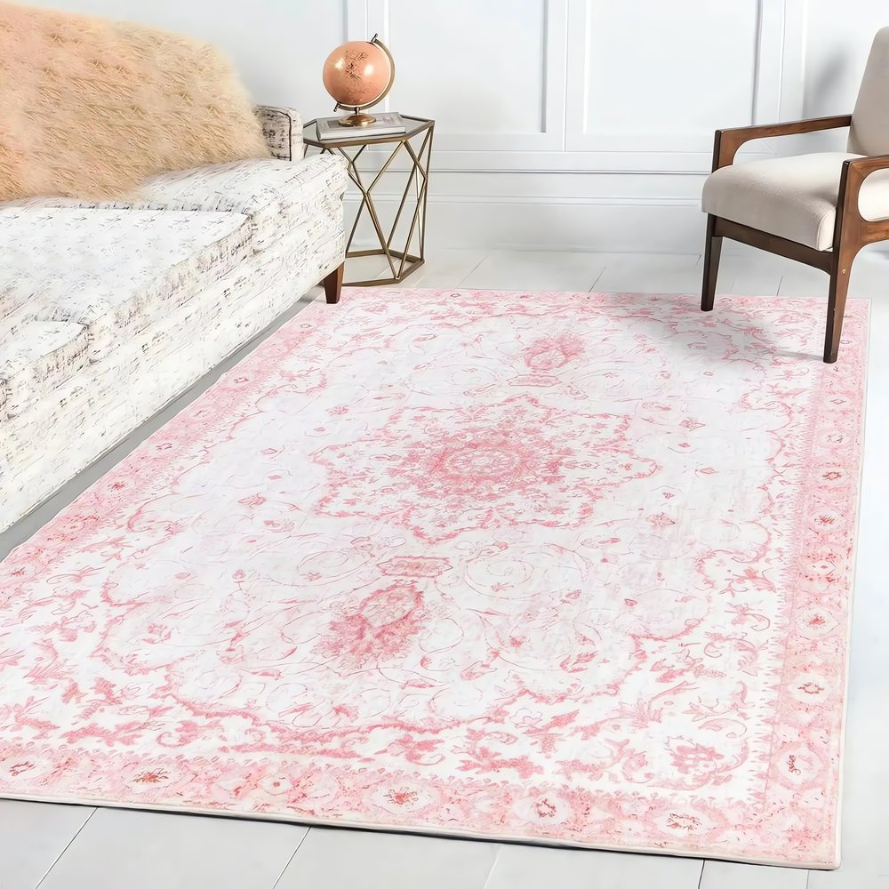 Tapis Vintage Rose Clair Forme Médaillon Nuances