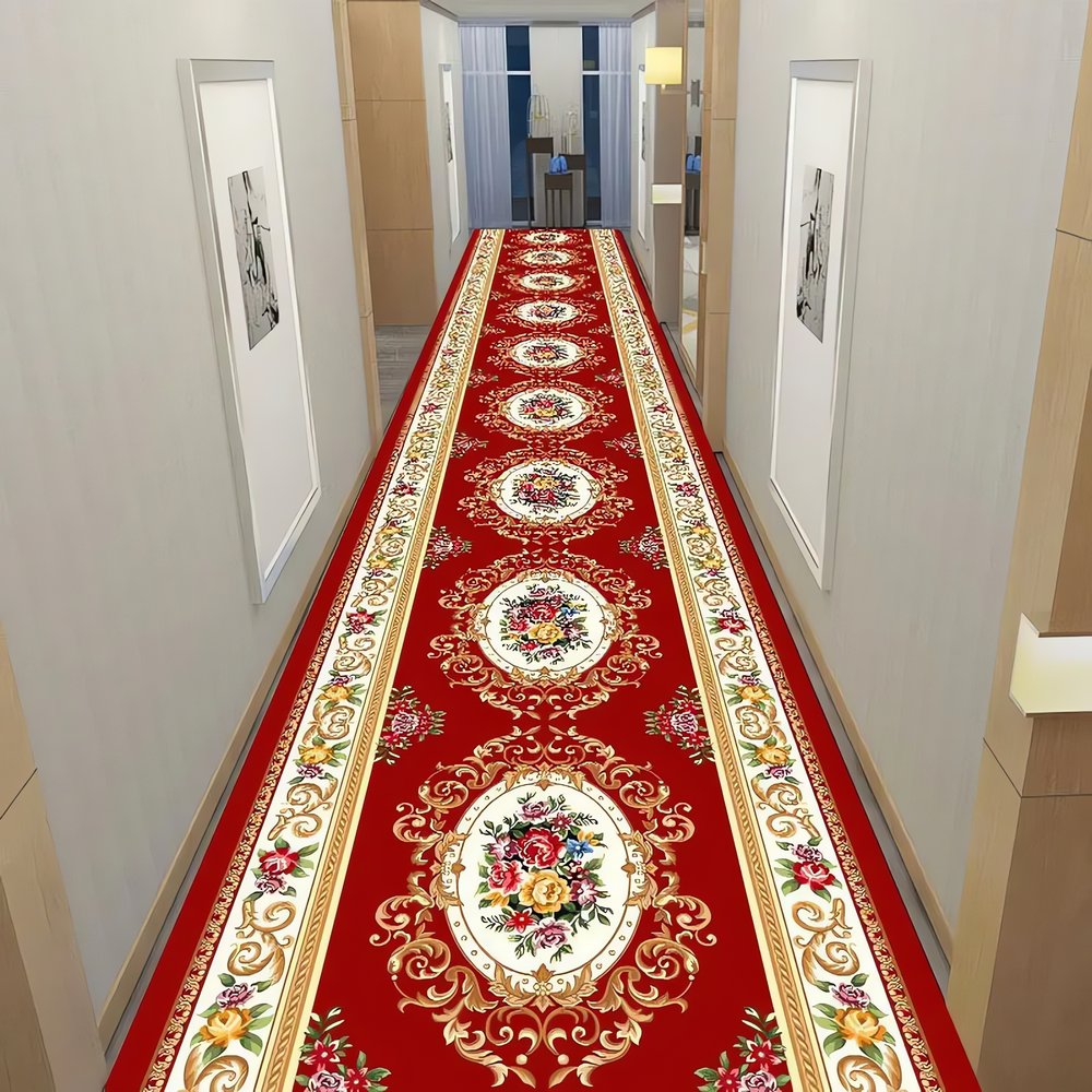 Tapis Vintage Rouge Pour Couloir Floral Ornamenté