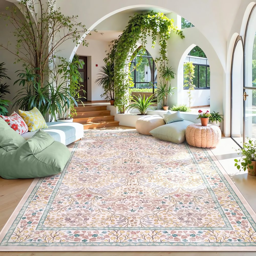 Tapis Vintage Vert Et Rose Décoratif