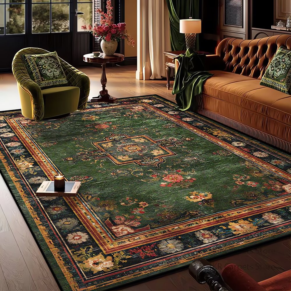 Tapis Vintage Vert Et Rouge Fleurs Baroques
