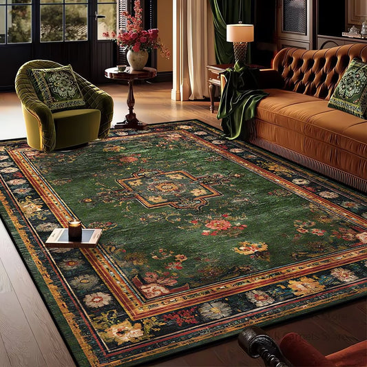 Tapis Vintage Vert Et Rouge Fleurs Baroques