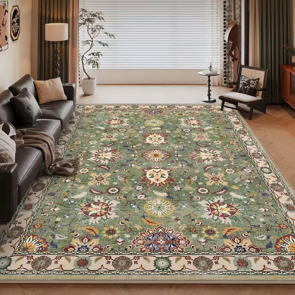 Tapis Vintage Vert Olive Fleuri