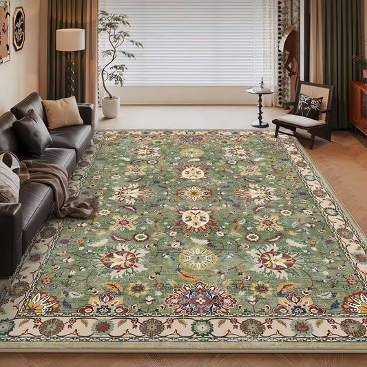 Tapis Vintage Vert Olive Fleuri